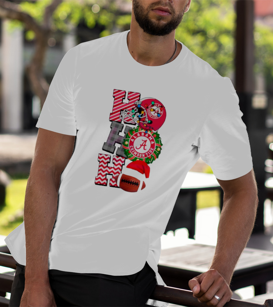 Alabama Crimson Tide Football Christmas Ho Ho Ho Santa Hat Wreath Football Helmet T-Shirt