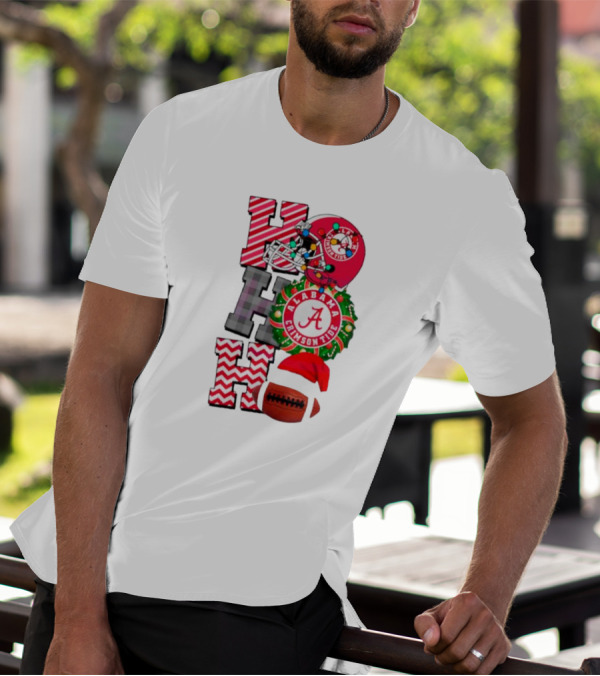 Alabama Crimson Tide Football Christmas Ho Ho Ho Santa Hat Wreath Football Helmet T-Shirt