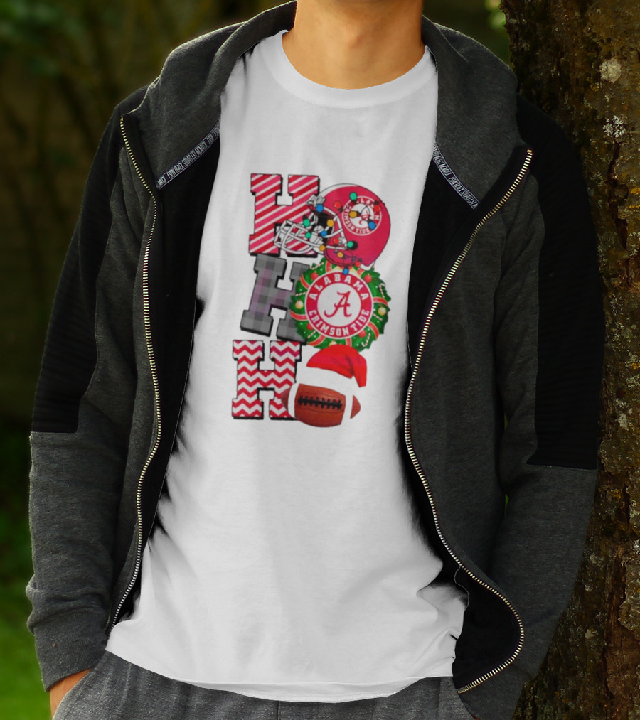 Alabama Crimson Tide Football Christmas Ho Ho Ho Santa Hat Wreath Football Helmet T-Shirt