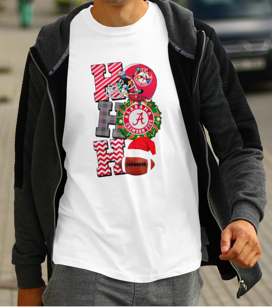 Alabama Crimson Tide Football Christmas Ho Ho Ho Santa Hat Wreath Football Helmet T-Shirt