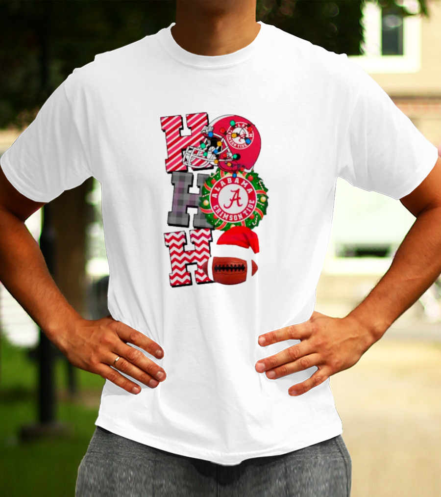 Alabama Crimson Tide Football Christmas Ho Ho Ho Santa Hat Wreath Football Helmet T-Shirt