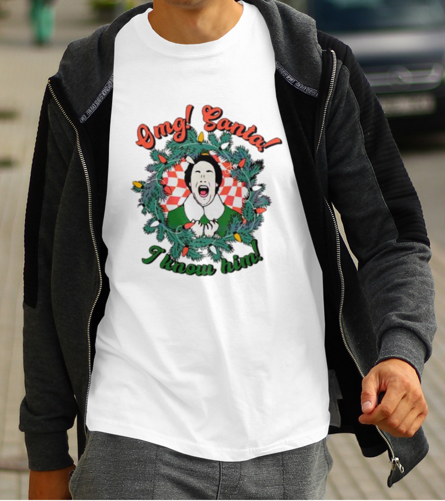 Elf Omg Santa I Know Him Funny Christmas Wreath Lights T-Shirt