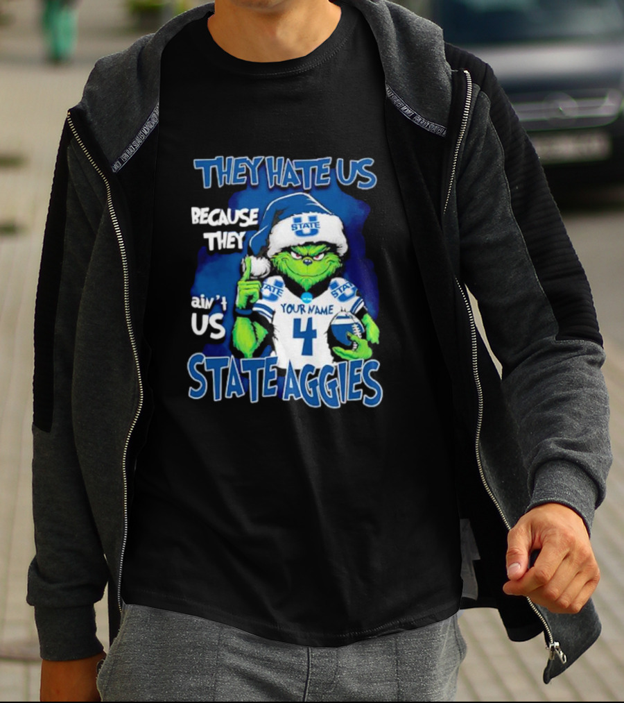 They Hate Us Because They Ain't Us Grinch Santa Utah State Aggies Your Name Custom Number T-Shirt