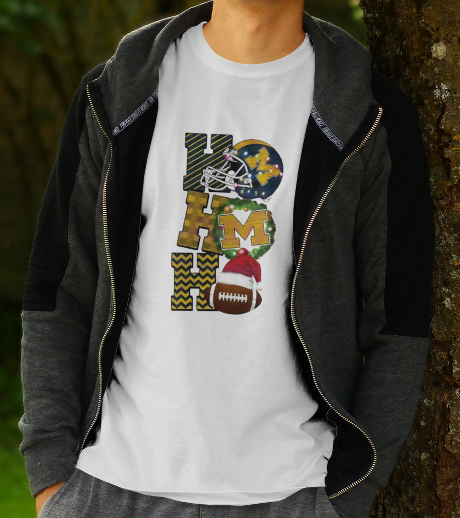 Michigan Wolverines Football Helmet Wreath Christmas Ho Ho Ho T-Shirt