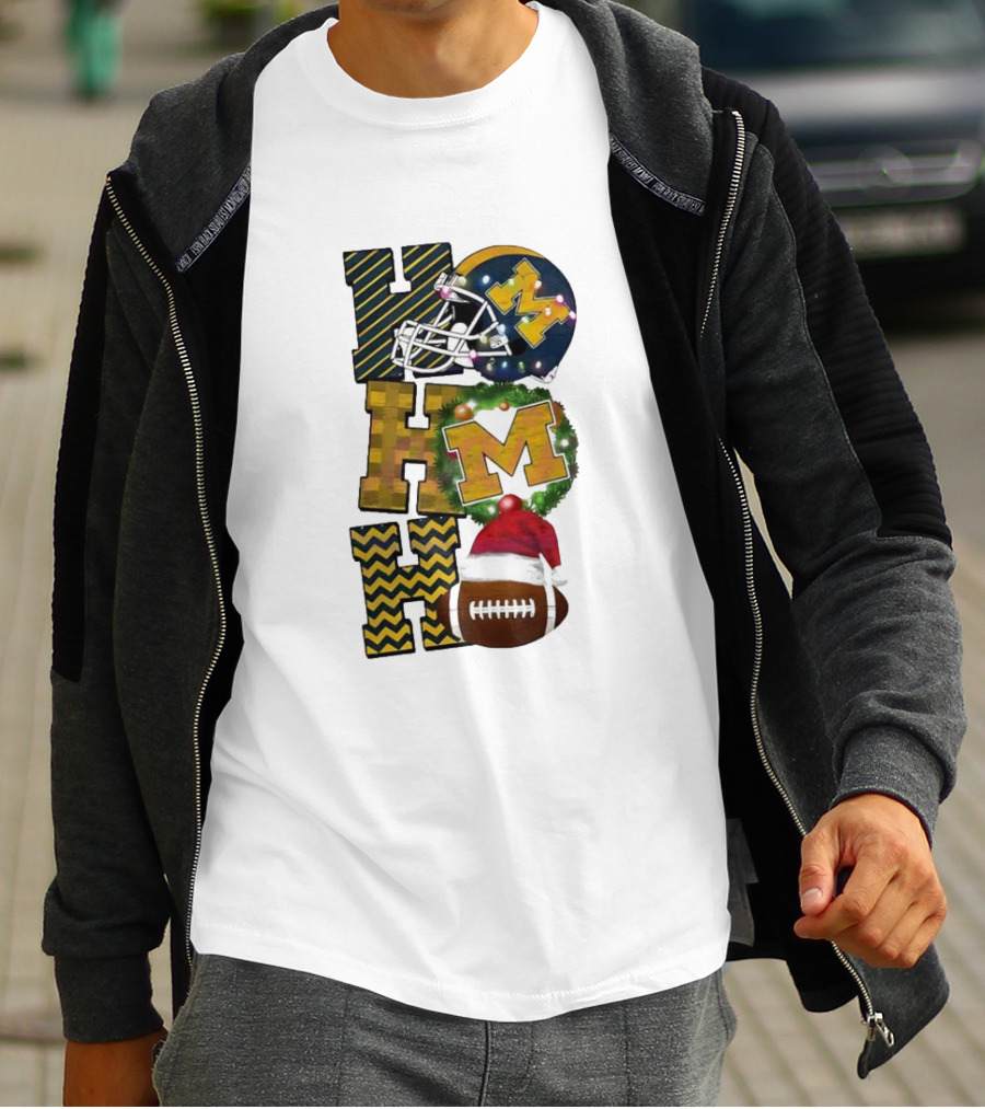 Michigan Wolverines Football Helmet Wreath Christmas Ho Ho Ho T-Shirt