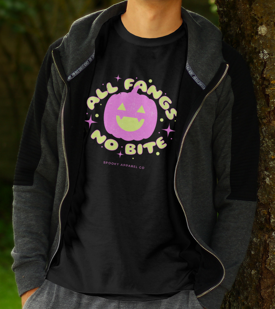 All Fangs No Bite Spooky Apparel Co Halloween Pumpkin T-Shirt