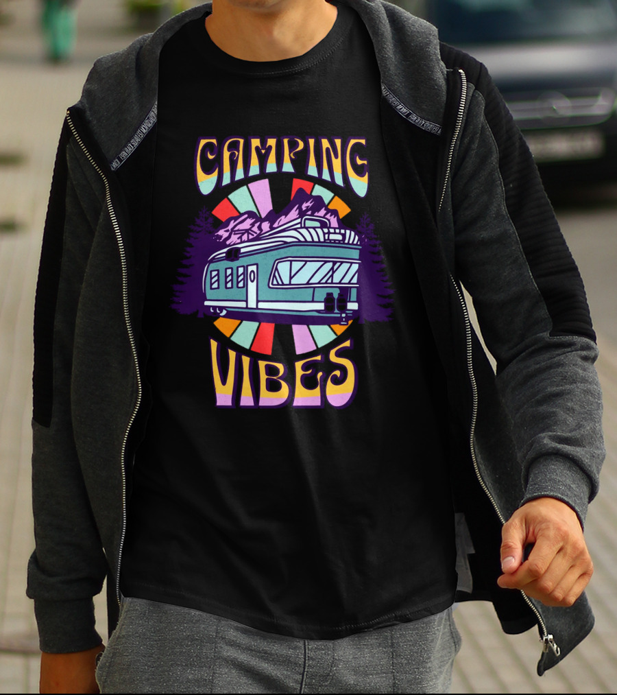 Camping Vibes Retro Travel Trailer Mountains Colorful Sunburst T-Shirt