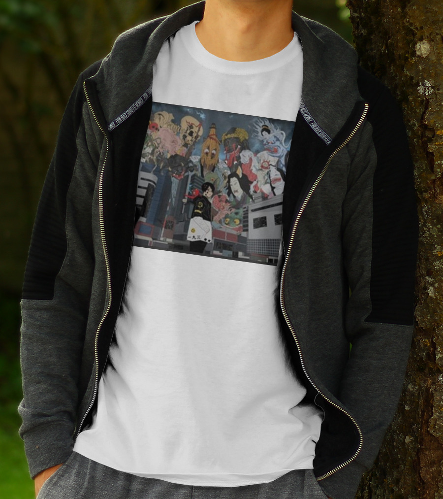 Kemuri Ikumi X Nass Anime Yokai-Inspired Urban Chaos Scene T-Shirt