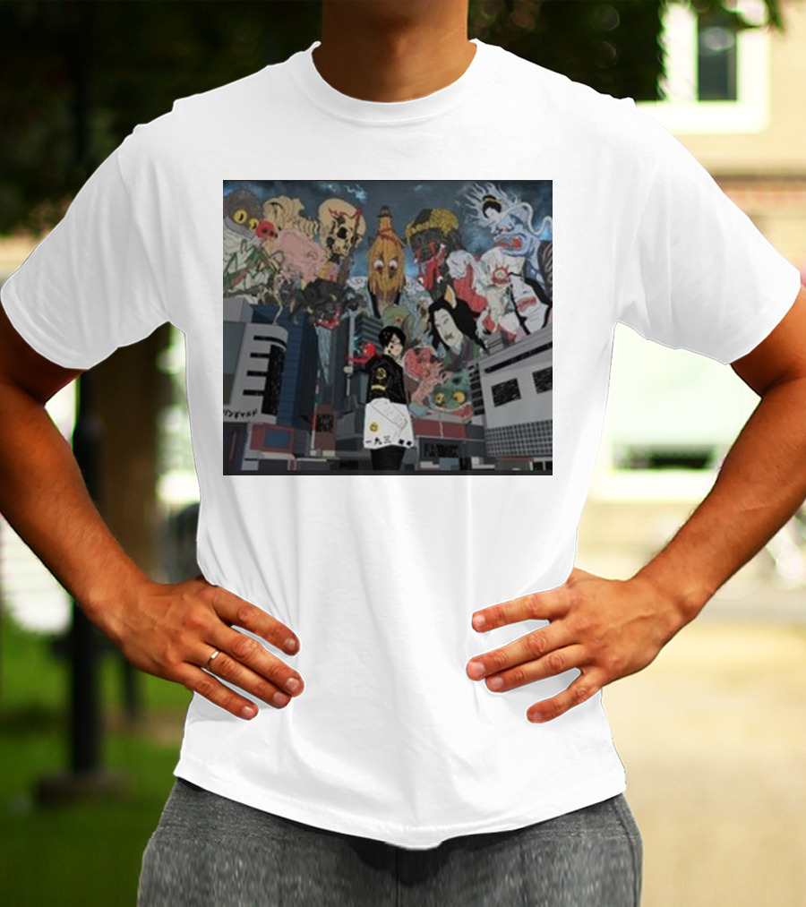 Kemuri Ikumi X Nass Anime Yokai-Inspired Urban Chaos Scene T-Shirt