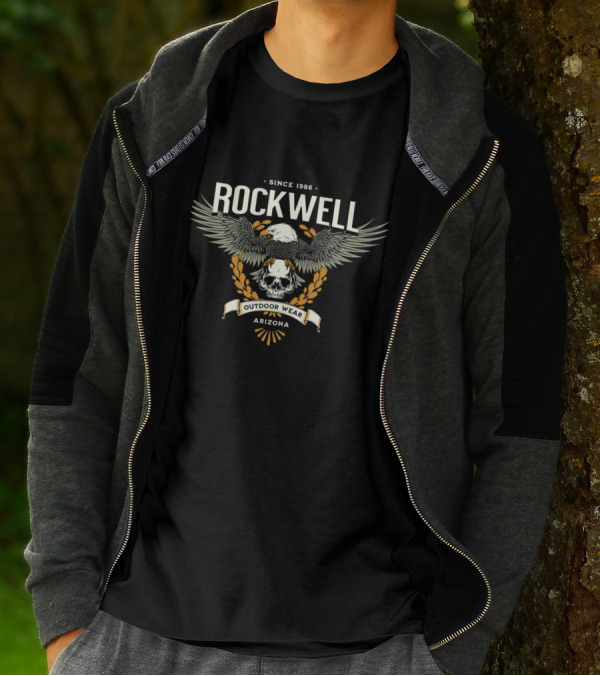 Rockwell Arizona Since 1986 Outdoor Wear Eagle And Skull Badge T-Shirt