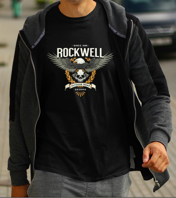 Rockwell Arizona Since 1986 Outdoor Wear Eagle And Skull Badge T-Shirt
