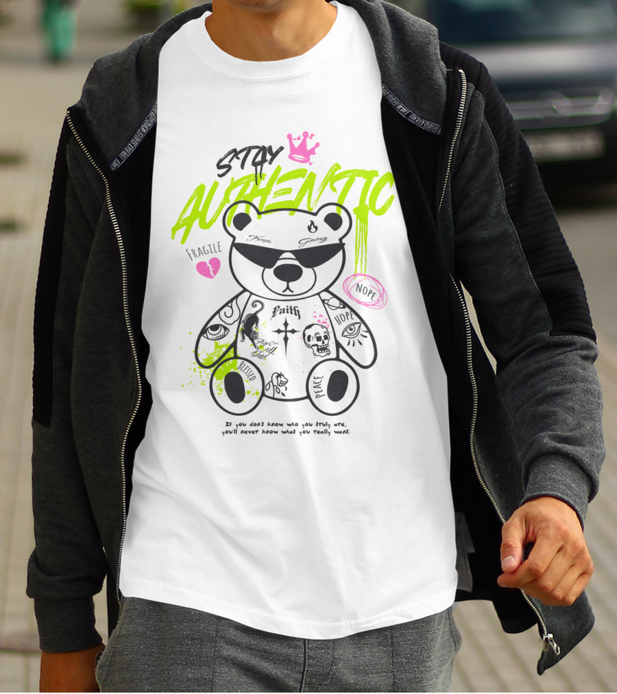 Stay Authentic Graffiti Bear With Pink Crown And Heart T-Shirt