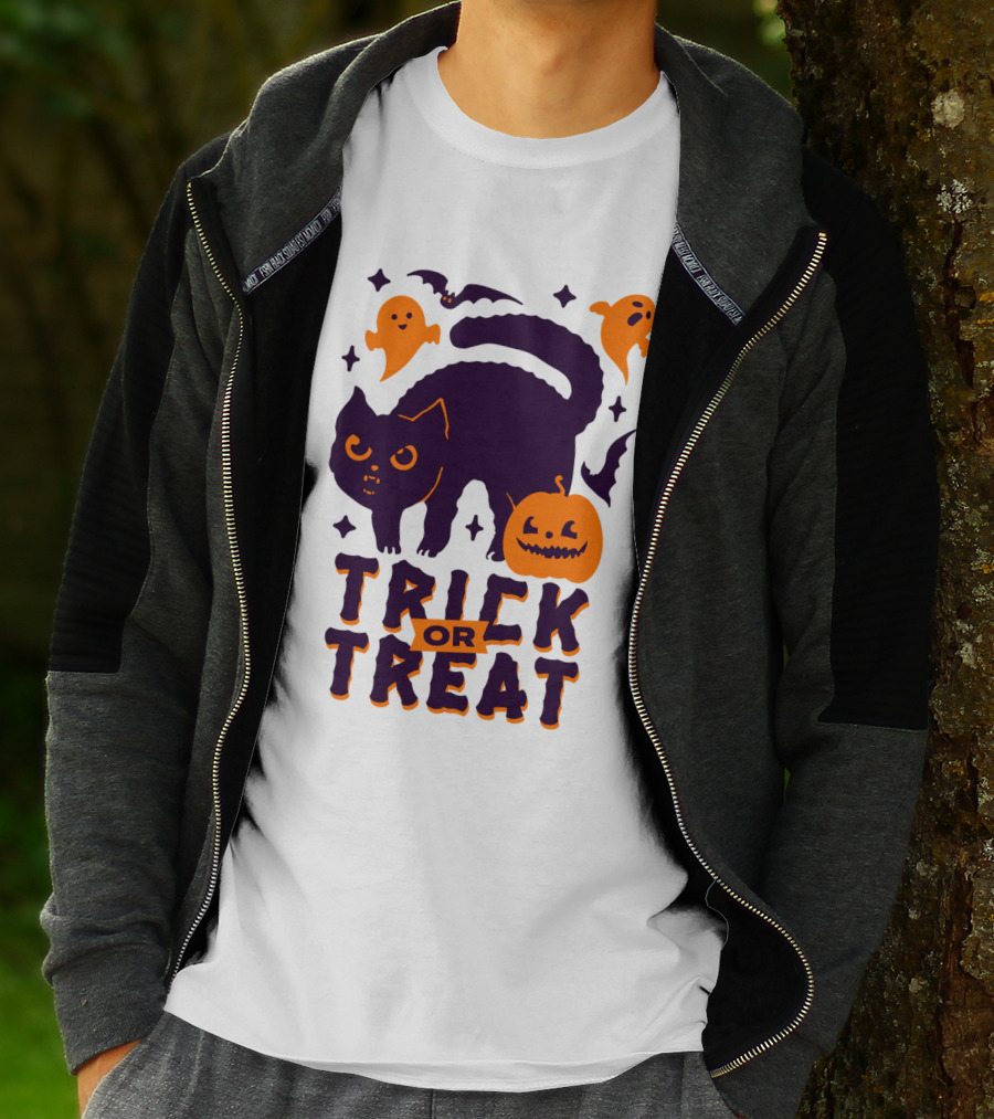 Trick Or Treat Halloween Cats Pumpkins Ghosts And Bats T-Shirt