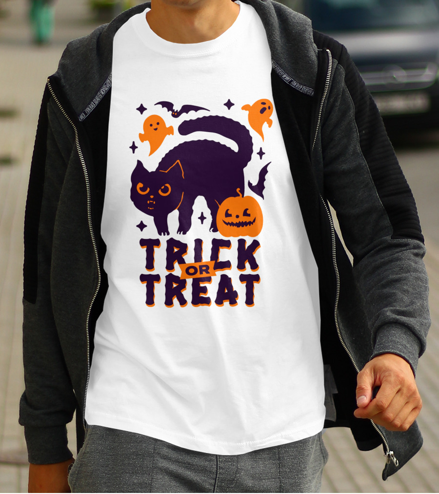 Trick Or Treat Halloween Cats Pumpkins Ghosts And Bats T-Shirt