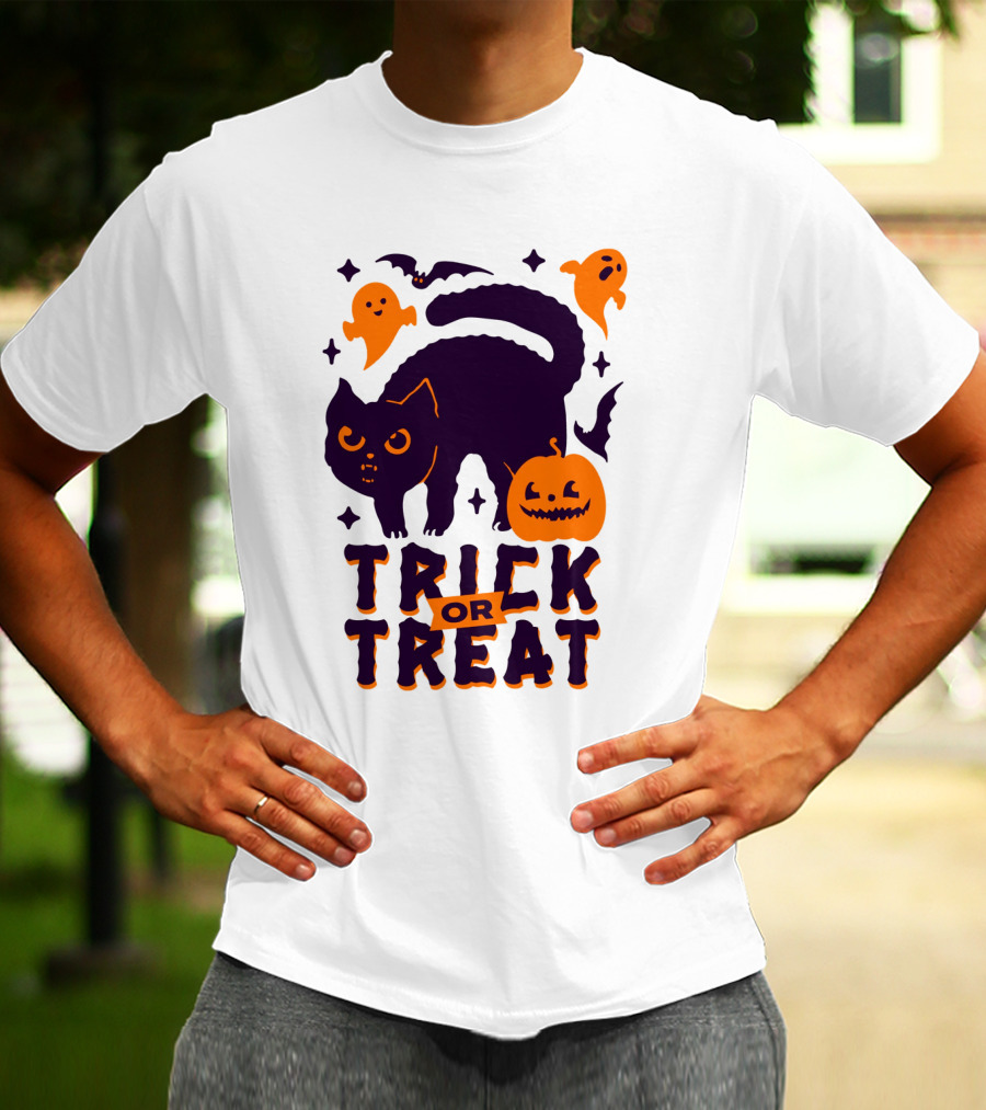 Trick Or Treat Halloween Cats Pumpkins Ghosts And Bats T-Shirt