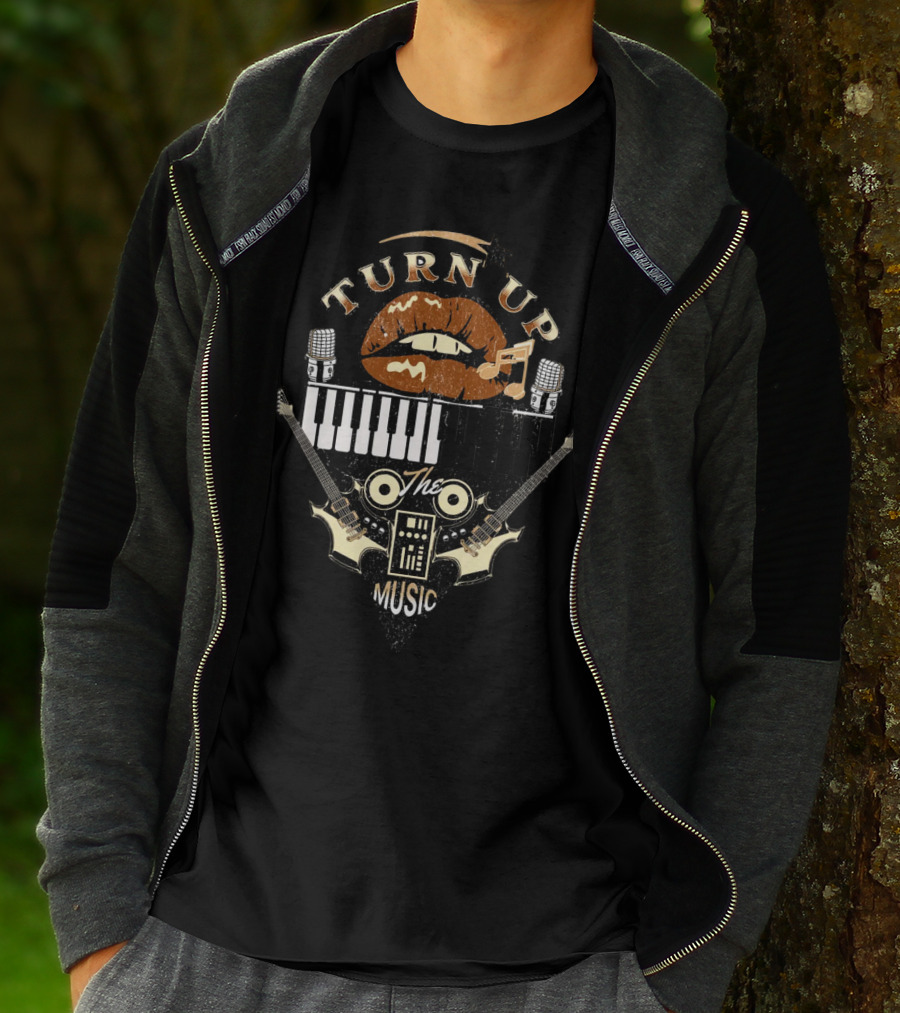 TURN UP THE MUSIC Keyboard Guitars And Microphones T-Shirt
