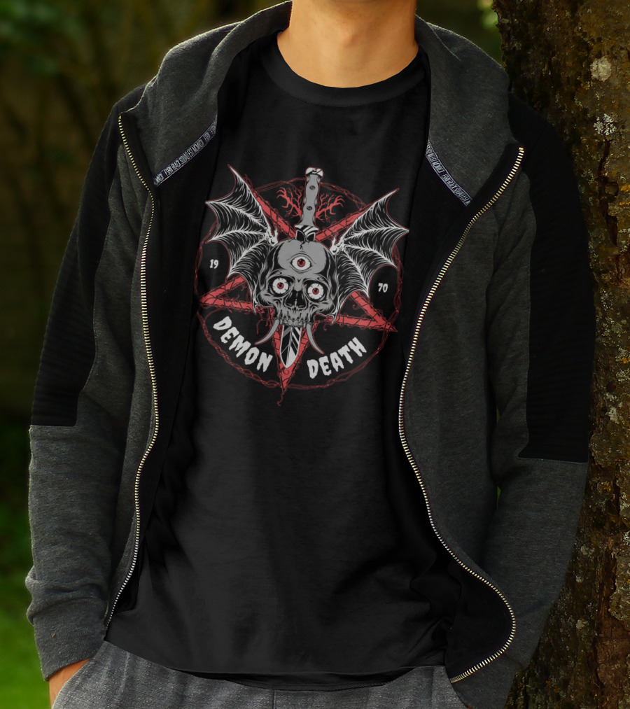 DEMON DEATH 1970 Skull With Wings And Knife In Pentagram T-Shirt