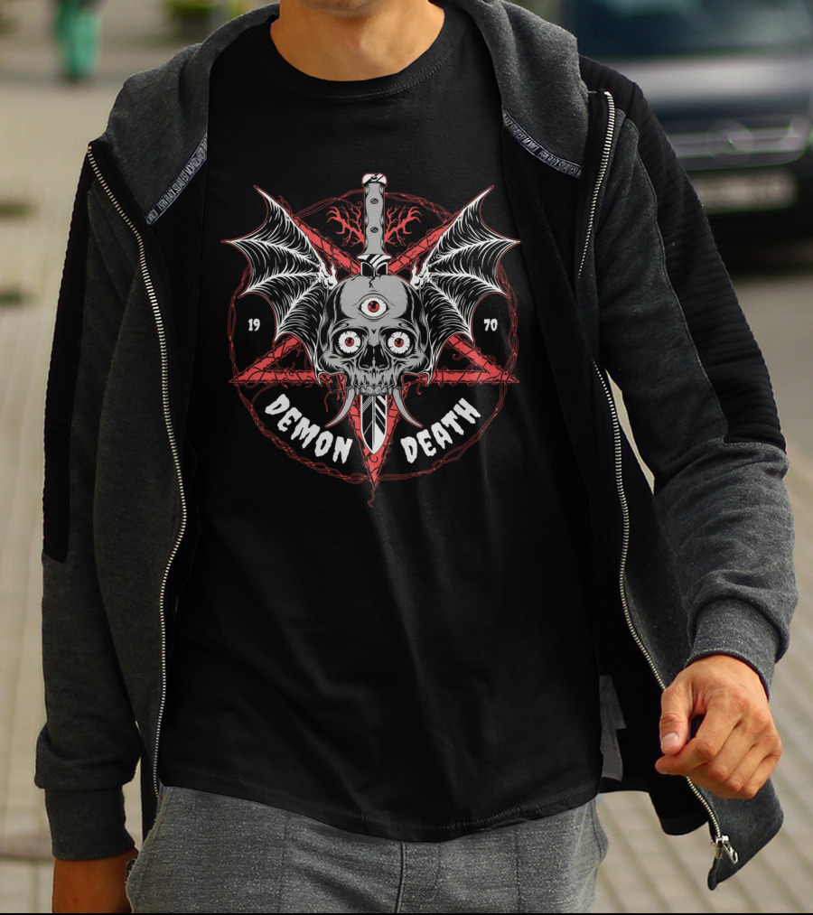 DEMON DEATH 1970 Skull With Wings And Knife In Pentagram T-Shirt