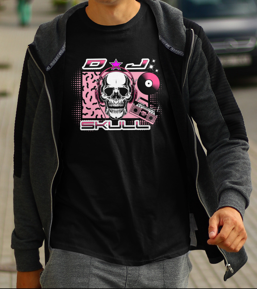 DJ Skull Retro Headphones Boombox Vinyl Star T-Shirt