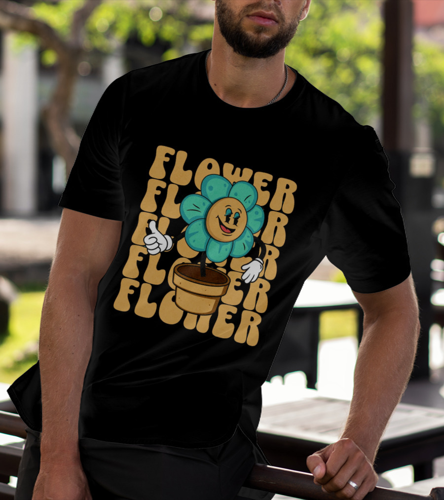 Flower Happy Blue Petal Character In Pot With Groovy Text T-Shirt