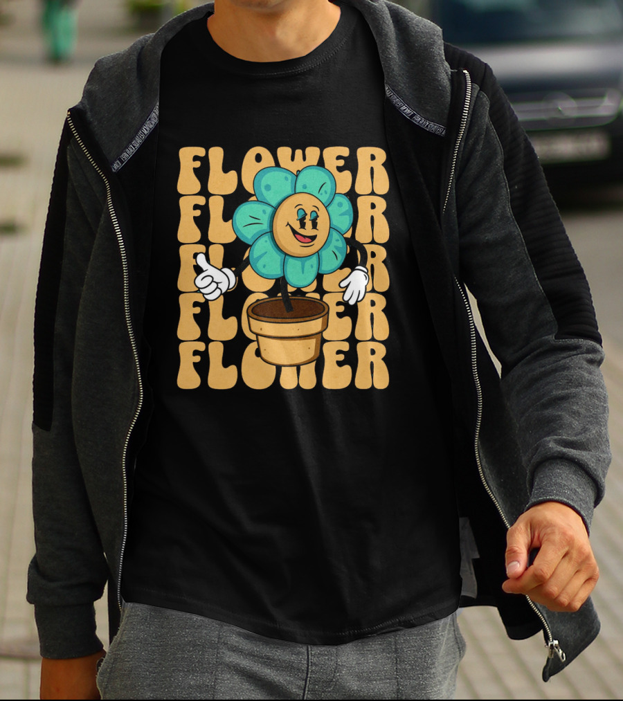 Flower Happy Blue Petal Character In Pot With Groovy Text T-Shirt