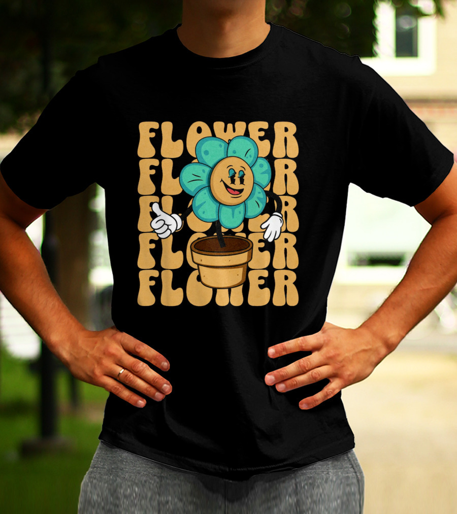 Flower Happy Blue Petal Character In Pot With Groovy Text T-Shirt