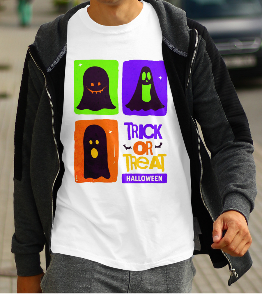 Halloween Trick Or Treat Ghosts In Colorful Boxes T-Shirt