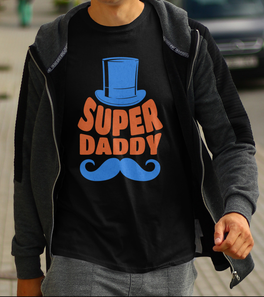 Super Daddy Mustache Top Hat Blue T-Shirt
