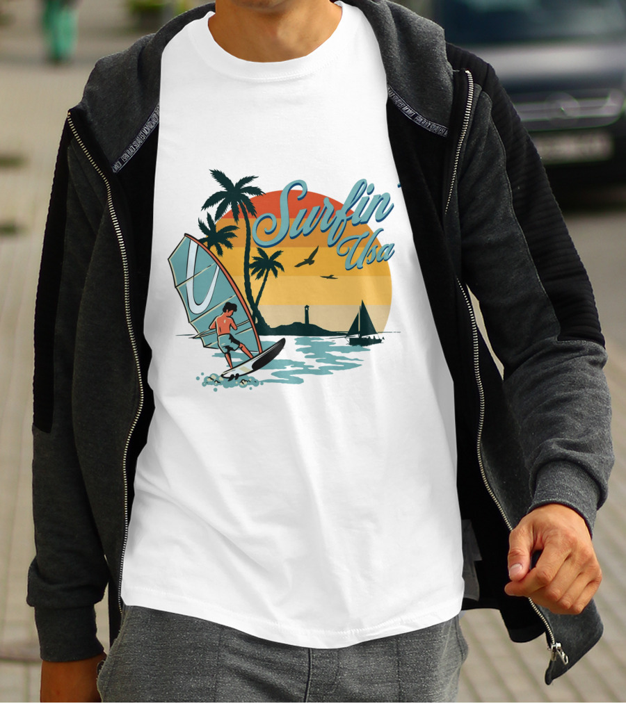 Surfin' Usa Retro Sunset Windsurfer Palm Trees Ocean Scene T-Shirt