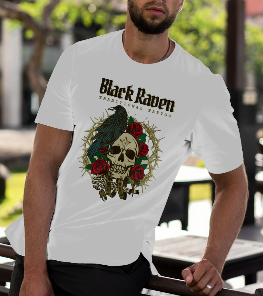 Black Raven Traditional Tattoo Skull Roses Thorns T-Shirt