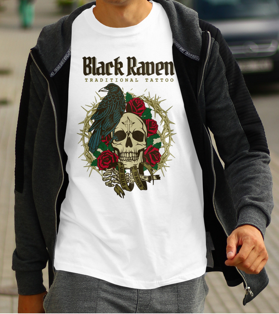 Black Raven Traditional Tattoo Skull Roses Thorns T-Shirt