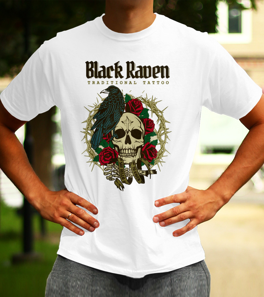 Black Raven Traditional Tattoo Skull Roses Thorns T-Shirt