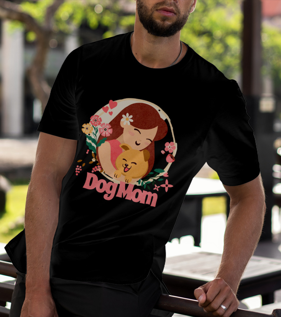 Dog Mom With Happy Puppy And Floral Heart Circle T-Shirt