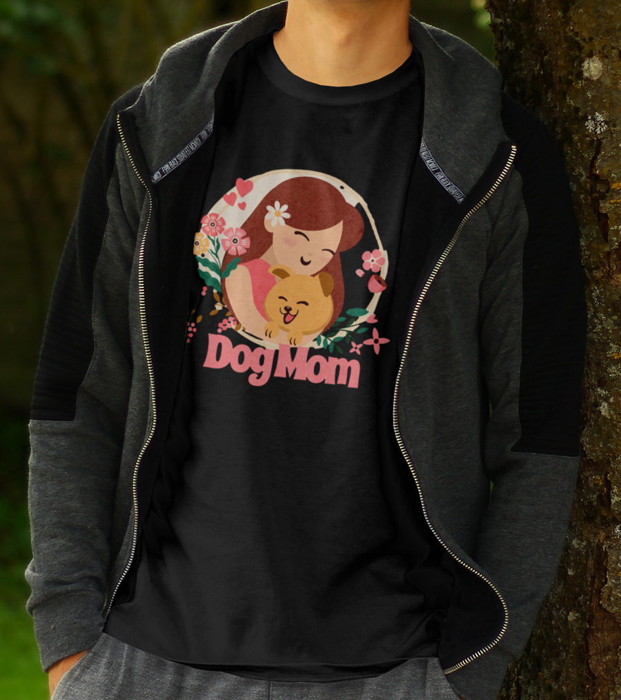 Dog Mom With Happy Puppy And Floral Heart Circle T-Shirt