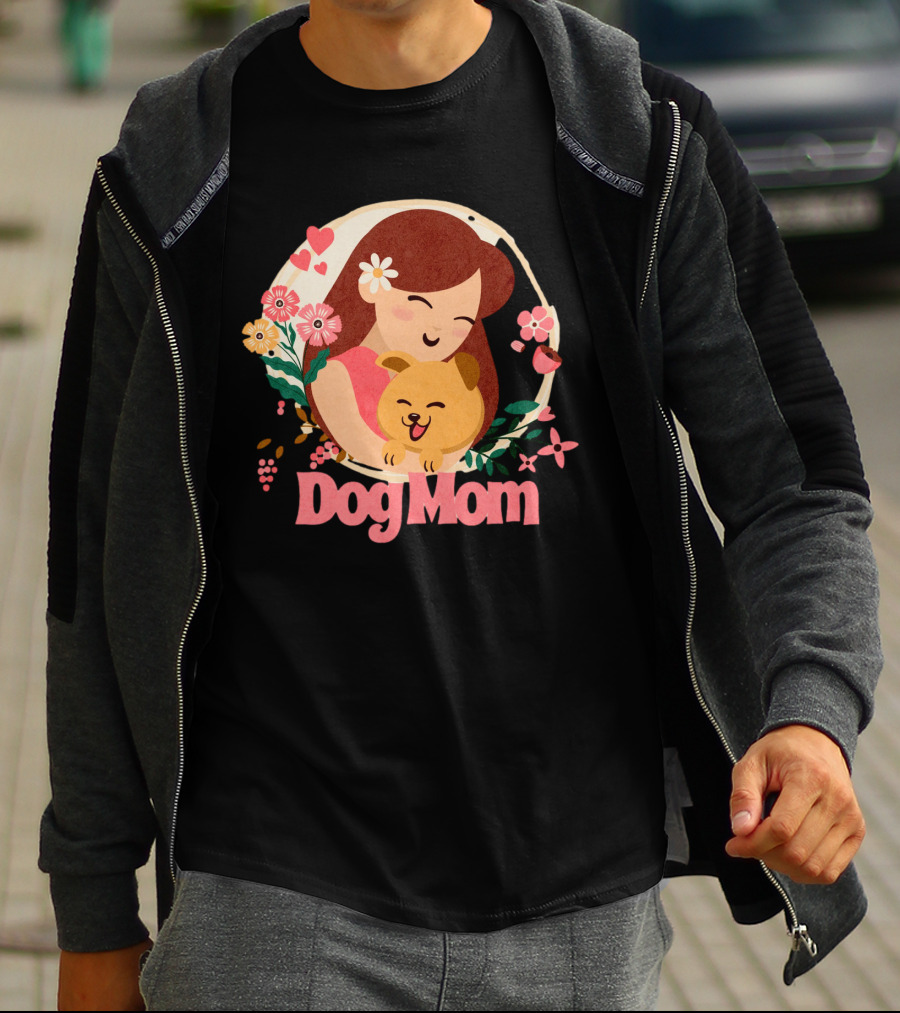 Dog Mom With Happy Puppy And Floral Heart Circle T-Shirt
