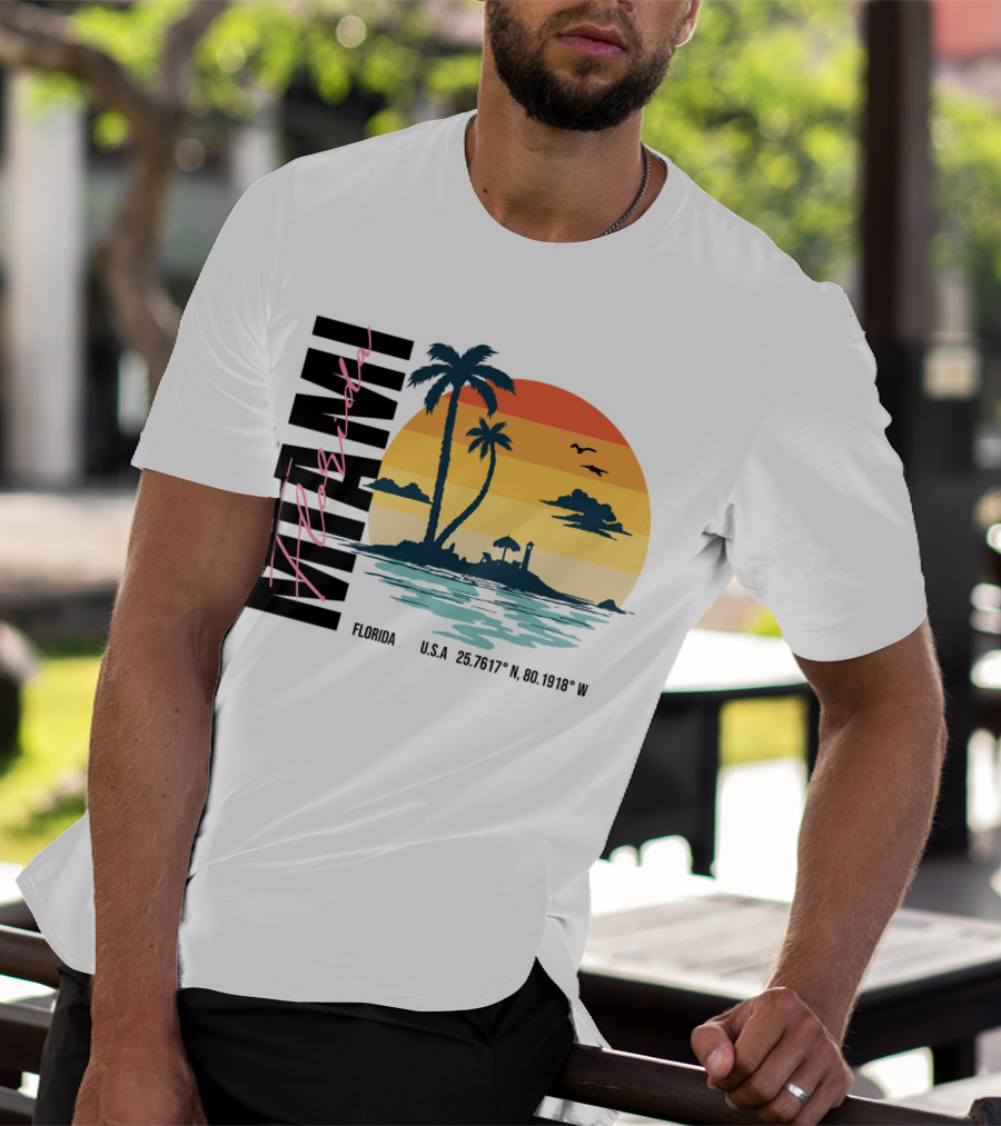 Florida Miami Beach Sunset Coordinates Palm Trees T-Shirt