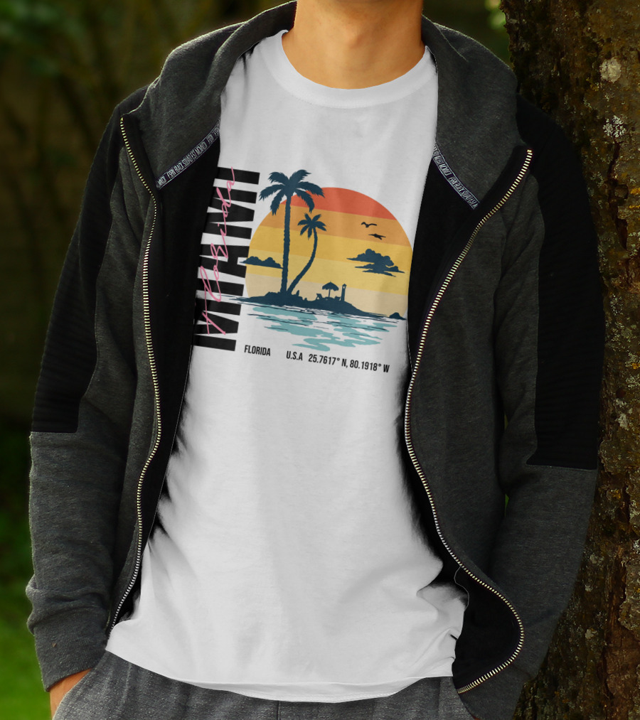 Florida Miami Beach Sunset Coordinates Palm Trees T-Shirt