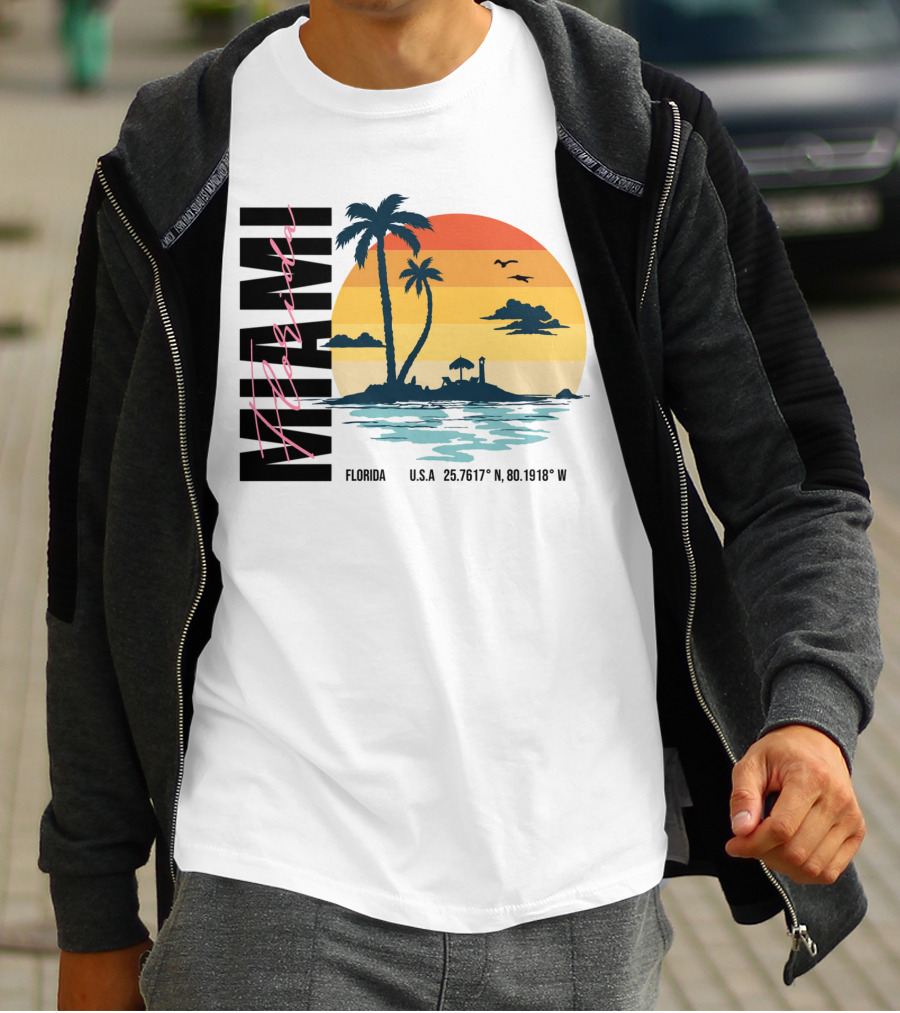 Florida Miami Beach Sunset Coordinates Palm Trees T-Shirt