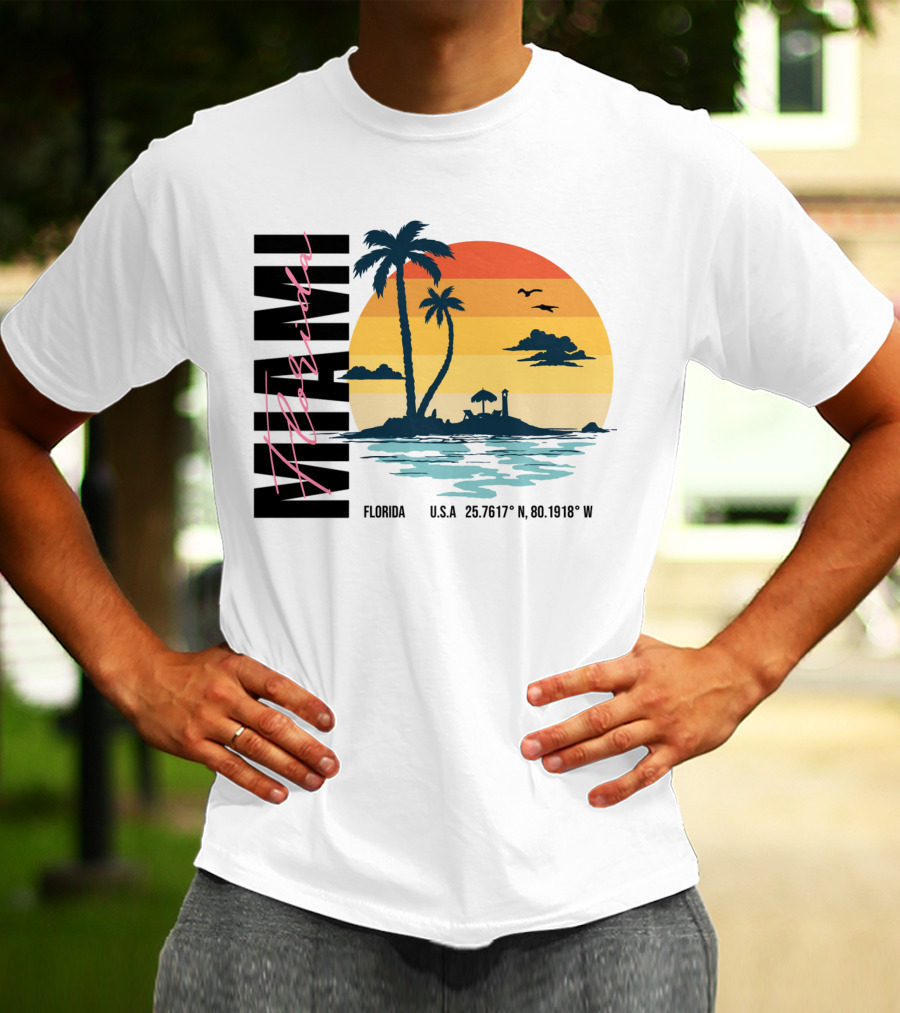 Florida Miami Beach Sunset Coordinates Palm Trees T-Shirt