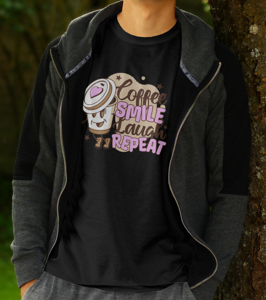 Coffee Smile Laugh Repeat Cartoon Mascot Happiness T-Shirt