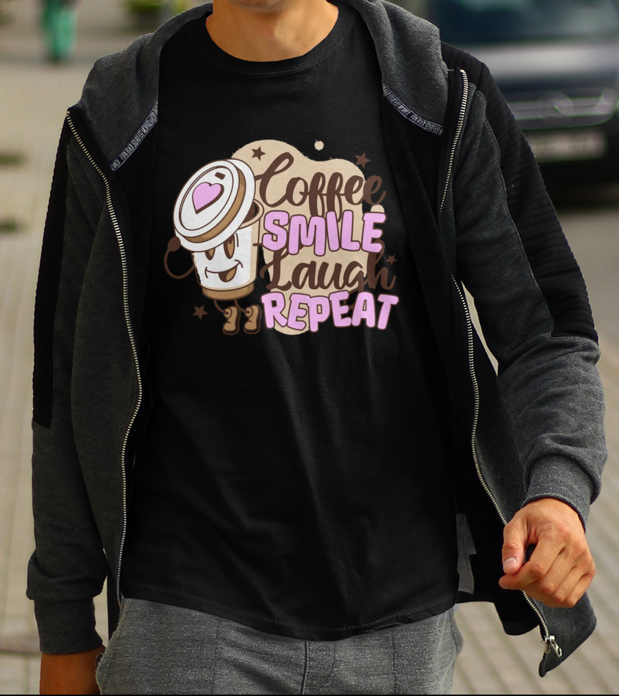Coffee Smile Laugh Repeat Cartoon Mascot Happiness T-Shirt