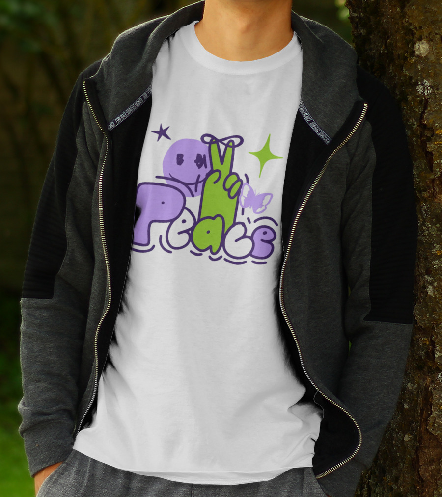 Peace Doodle Smiley Face Butterfly Star Purple Green T-Shirt