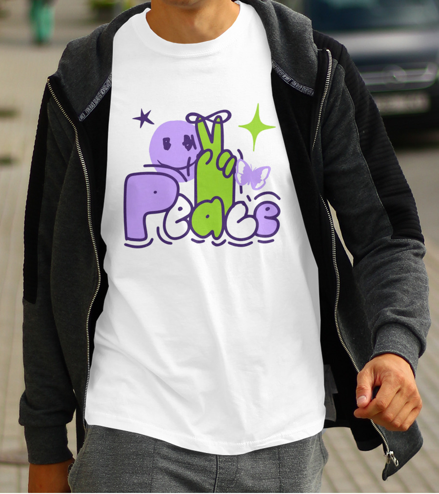 Peace Doodle Smiley Face Butterfly Star Purple Green T-Shirt
