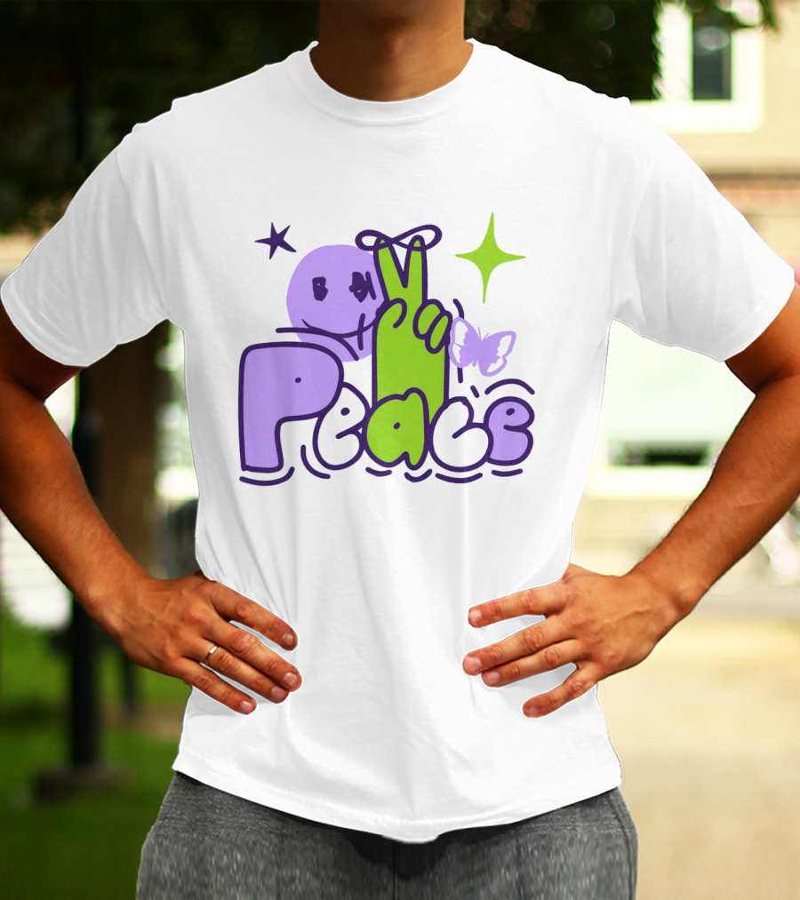 Peace Doodle Smiley Face Butterfly Star Purple Green T-Shirt