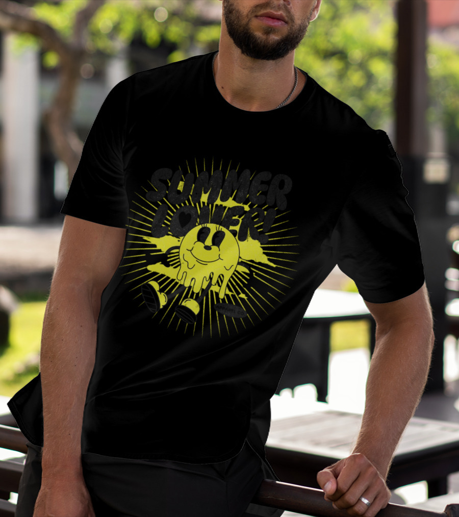 Summer Lover Cartoon Melting Smiley With Radiant Sunburst Background T-Shirt