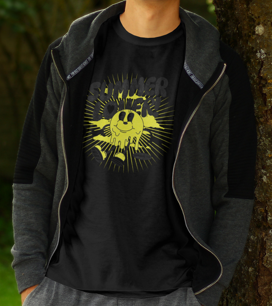 Summer Lover Cartoon Melting Smiley With Radiant Sunburst Background T-Shirt