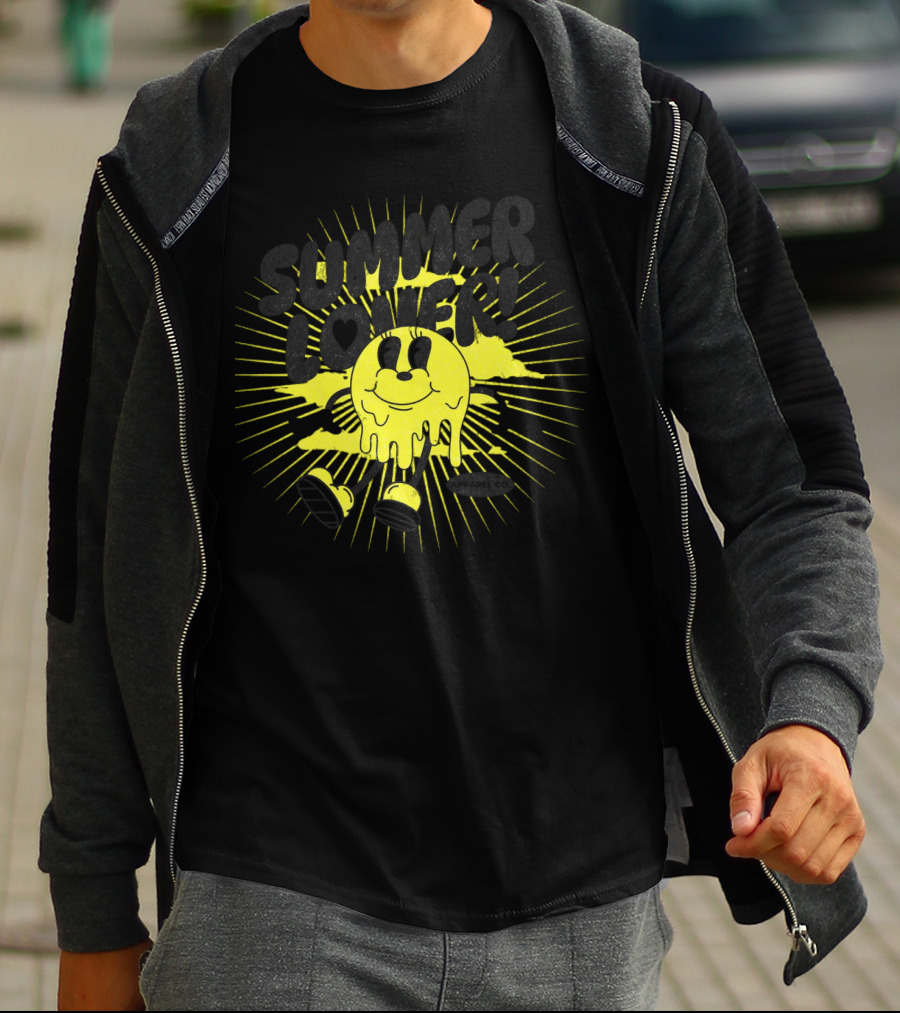 Summer Lover Cartoon Melting Smiley With Radiant Sunburst Background T-Shirt