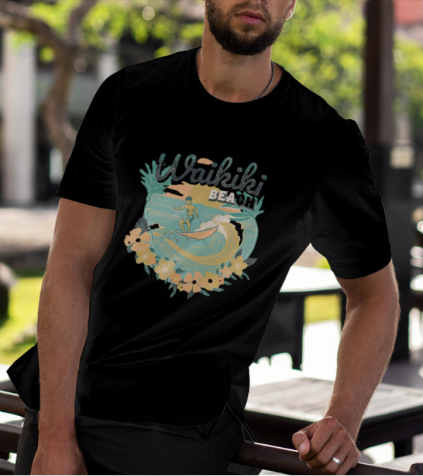 Waikiki Beach Vintage Surfing Adventure Floral T-Shirt