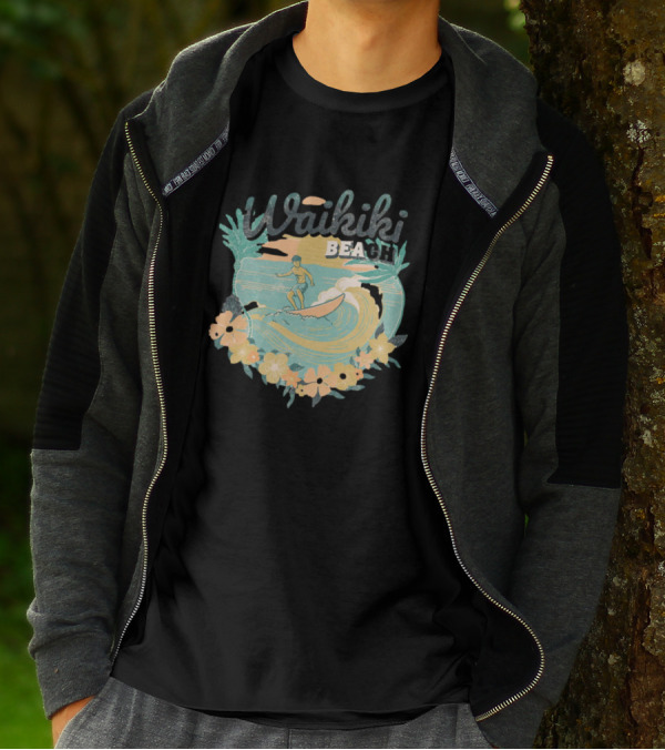 Waikiki Beach Vintage Surfing Adventure Floral T-Shirt