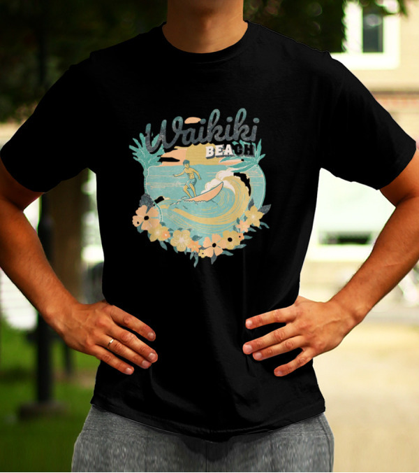 Waikiki Beach Vintage Surfing Adventure Floral T-Shirt